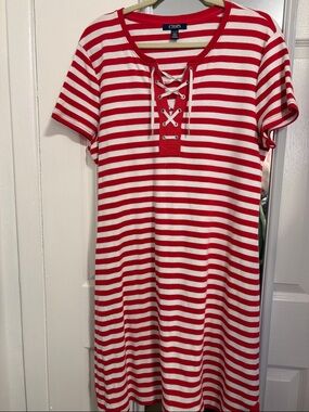 Chaps Red and White Striped Lace-Up Tunic Dress Size XL PtP 23 in
